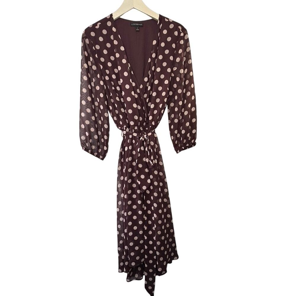 Lane Bryant Purple Polka Dot Crossover V-Neckline 3/4 Sleeve Midi Dress Size 14